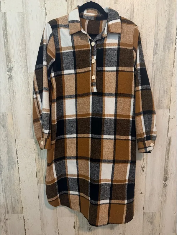 Women Regular M (6) Plaid Button-Up Shirt Dress Long Sleeve - Image 2