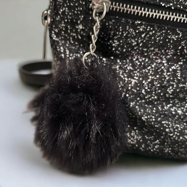 Black Glitter Faux Leather Mini Backpack with Pom-Pom Charm & Zippered Pockets - Image 8