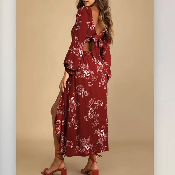 NWT‎ Lulus Total Perfection Burgundy Floral Print Tie-Back Midi Dress SMALL - Image 3