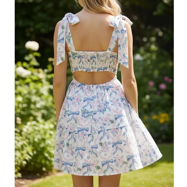 Simply Southern Bow Floral Mini Dress Tie‎ Shoulder Back Cutout Size Large - Image 2