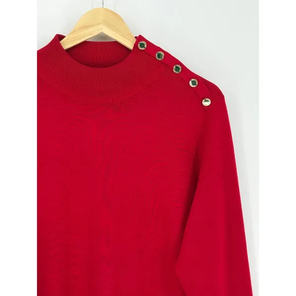 Calvin‎ Klein Sweater Women Large Red Mock Neck Button Shoulder Knit Long Sleeve - Image 3