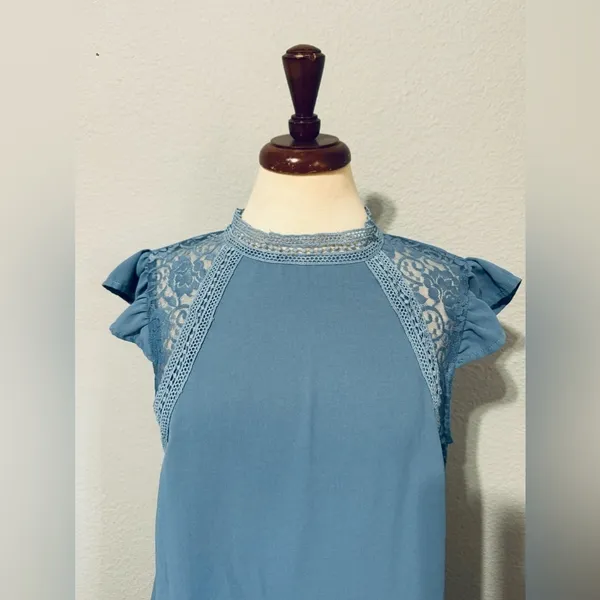 SHEIN‎ Women Blue Relaxed Fit and Flare High Neck Short Sleeves Dress Size M - Image 3