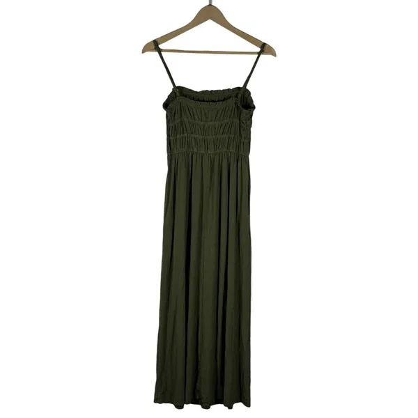 Lovestitch Smocked Ruffle Solid Maxi Dress Olive Green Boho Stretch Size S - Image 4