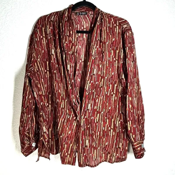 Vintage 90's QUO Silk XL Burgundy Top Blouse Open front long sleeve women's - Image 2