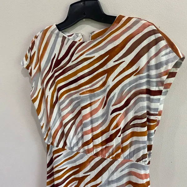 Ann Taylor Linen Blend‎ Midi Zebra Stripe Mock Neck Flare Dress Size 0 - Image 6