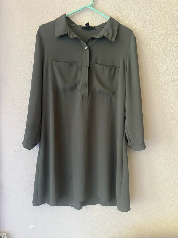 Forever 21 Olive Green Collared Mini Shirt Dress - Image 4