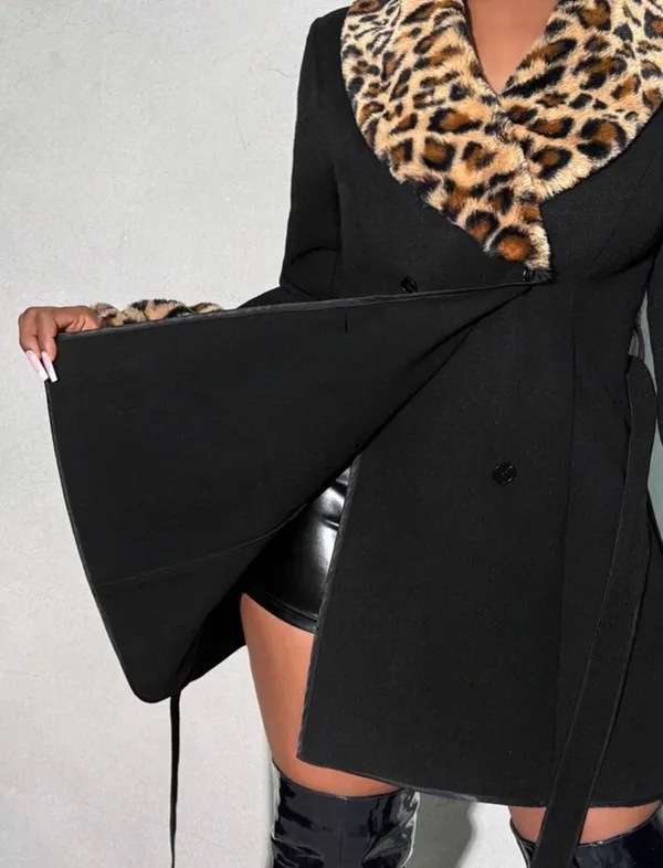 Black Women's Trench Coat with Leopard Faux-Fur Trim - Image 3