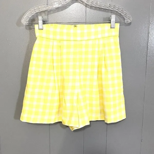 Anthropologie Hutch Yellow Gingham Pleated High Rise Preppy Dressy Shorts 2 - Image 3