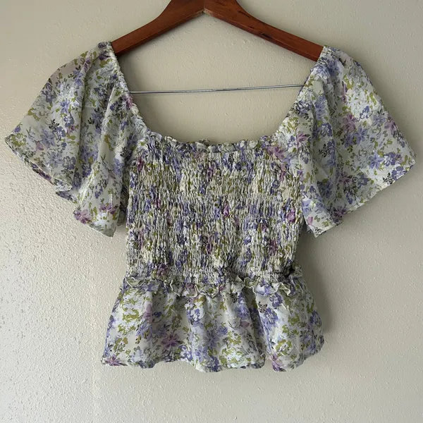 Astr the Label Purple Floral Flutter Sleeve Top Size XS - Image 6
