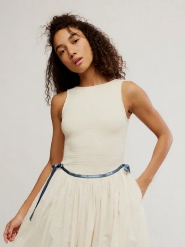 NWOT Free People Nightingale Solid Midi Dress with Navy Tie - Image 3