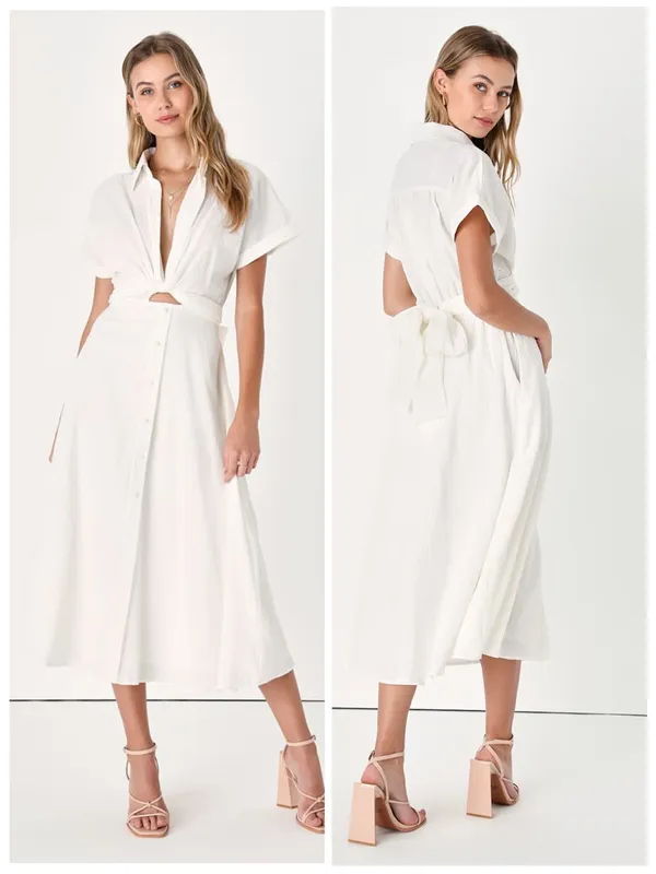 Lulus Palermo Perfection White Collared Midi Dress with Pockets Size Small Beach - Image 2