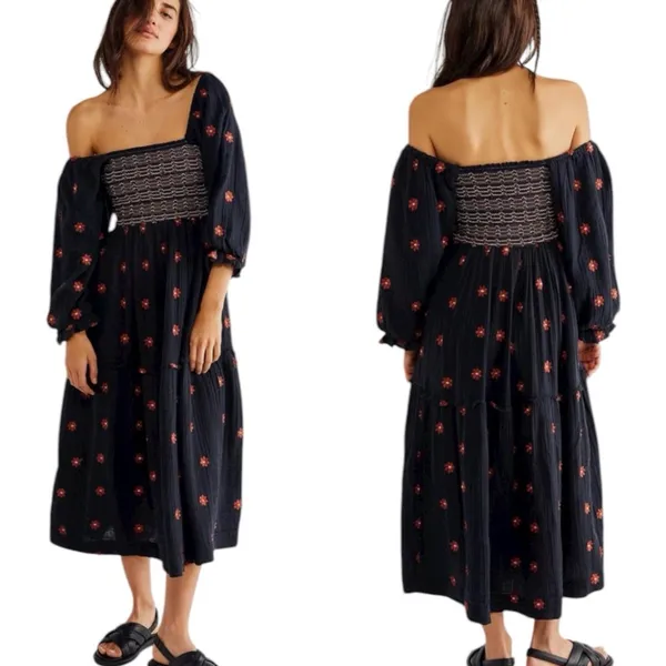 Free People Dahlia Embroidered Maxi Dress Puff‎ Sleeve Cottagecore Milk Maid M - Image 2