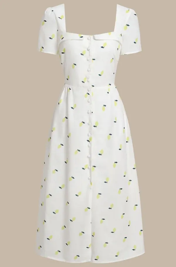 Rihoas White Lemon Fruit Square Neck Midi Dress - Image 5