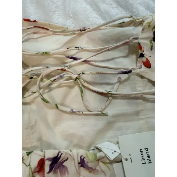 H&M Linen Blend Floral Off Shoulder Puff Sleeve LaceUp Back Dress size M -42 - Image 10