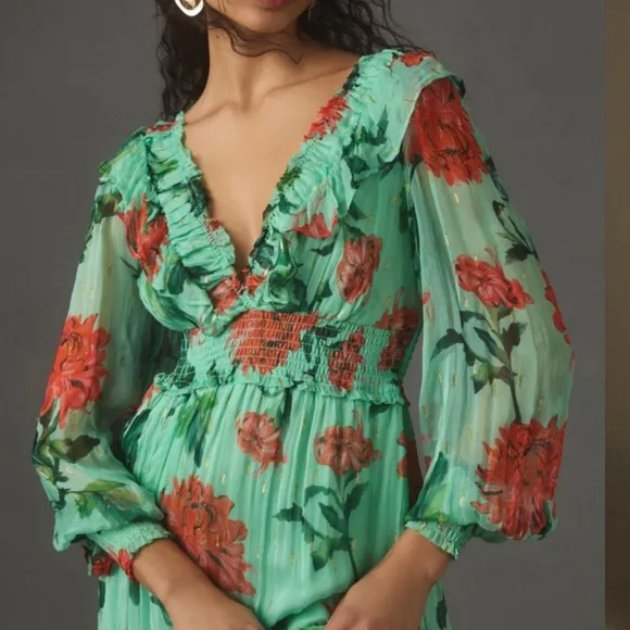 ANTHROPOLOGIE The‎ Odetta Ruffled V-neck Dress Green and Red Floral size Medium - Image 11