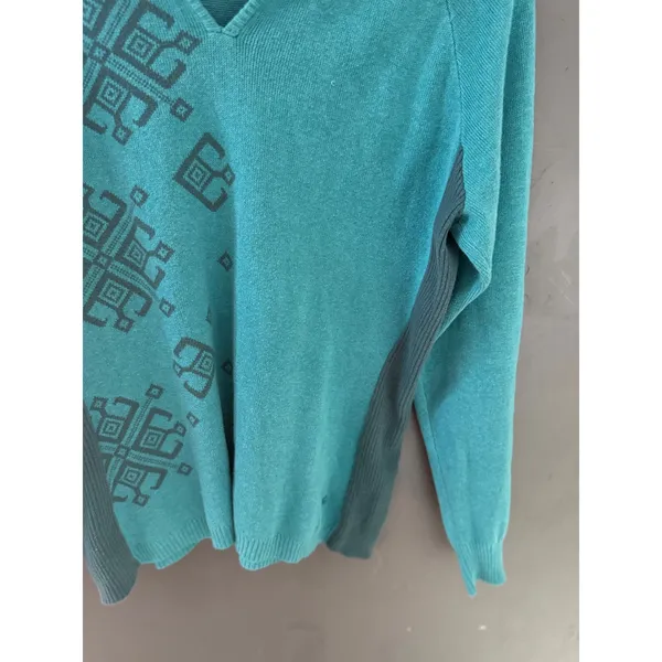 Woolrich Womens Atlantic Teal Cotton Geometric V-Neck Sweater Size L Outdoor - Image 3