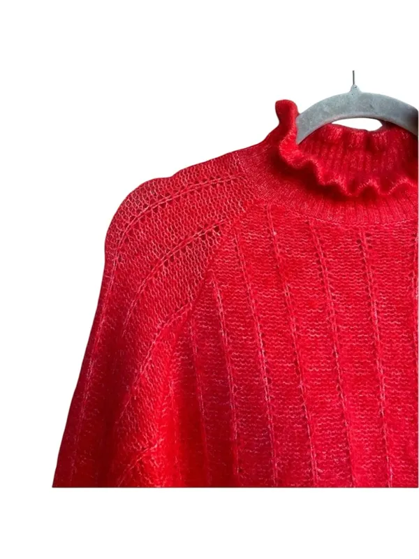 SEZANE Bright Red Mohair Merino Wool Knit Ruffle High Neck Sweater Loris Jumper - Image 10