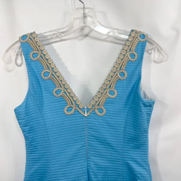 Lilly Pulitzer Size 00 Sheath Dress‎ Sleeveless Textured Gold Trim Blue 797 - Image 5