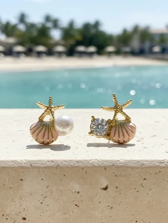 Gold Starfish & Pink Shell Stud Earrings with Pearl and Crystal Accents - Image 2