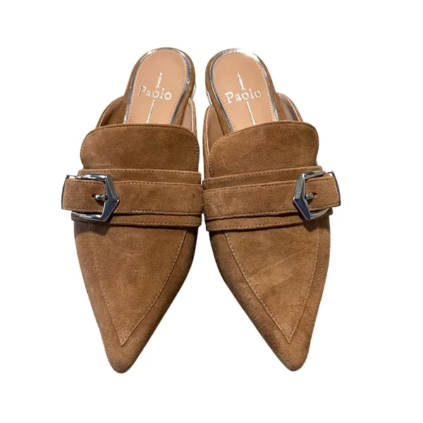 Linea Paolo Suede Mules Womens 6M Tan Pointed Toe Buckle Loafer‎ Slides Chic - Image 2