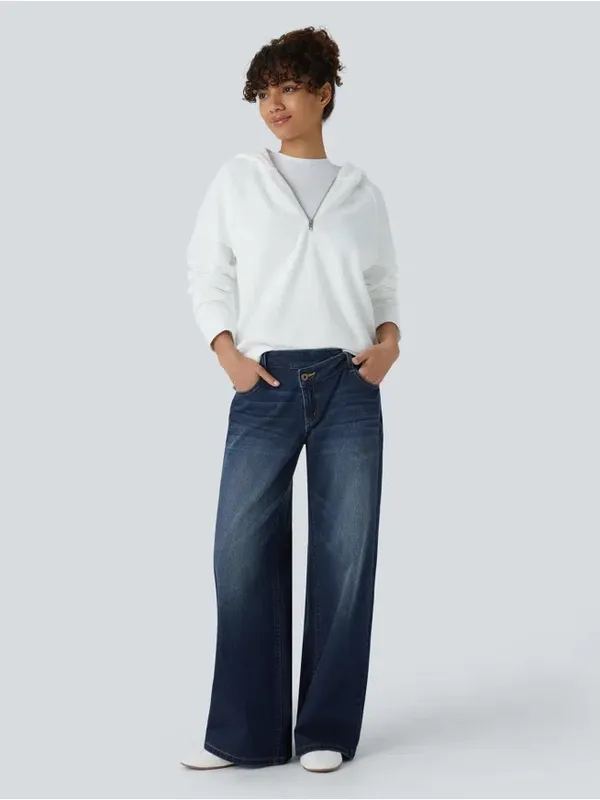Halara Flex Asymmetric Low Rise Zipper Pockets Baggy Wide Leg Washed Casual Jea - Image 5