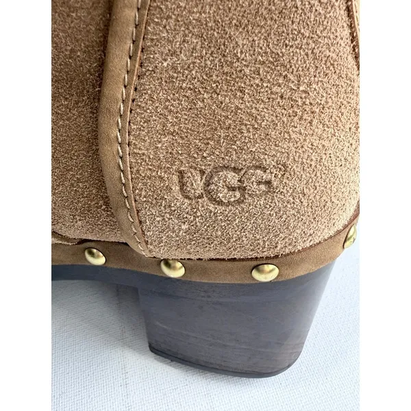 UGG Cam II Ankle Boots Chestnut Suede Shearling Lined Clog Heel Brass Studs 7 - Image 4