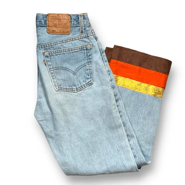 Vintage 90s Levi’s 501 Jeans Custom Brown Boho Stripe Hem USA Made Festival Wear - Image 2