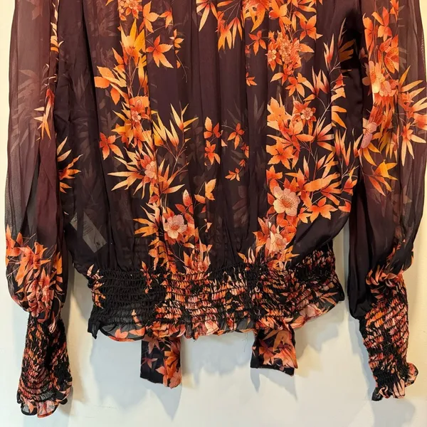 🍁 Warm New York‎ Floral Semi Sheer Neck Tie Blouse Burgundy Long Sleeve Elastic - Image 8