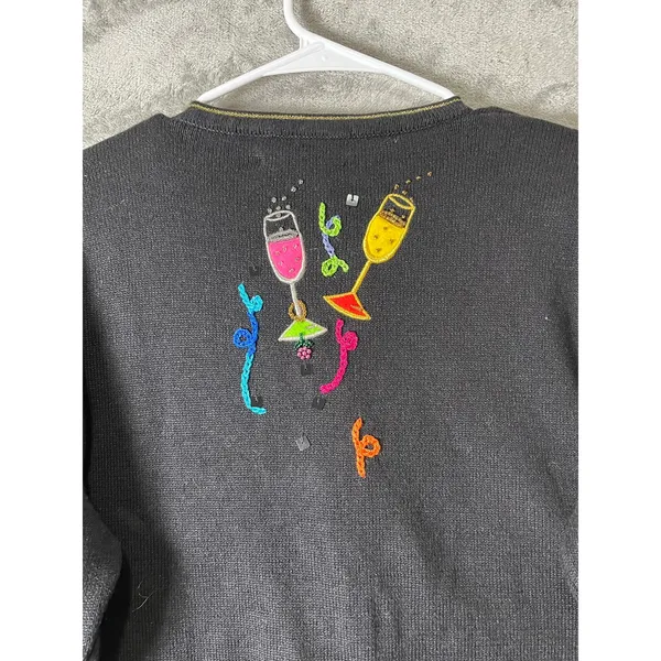 Vintage 90s Black Cocktail Martini Embroidered Cardigan Quirky Sweater Large - Image 4