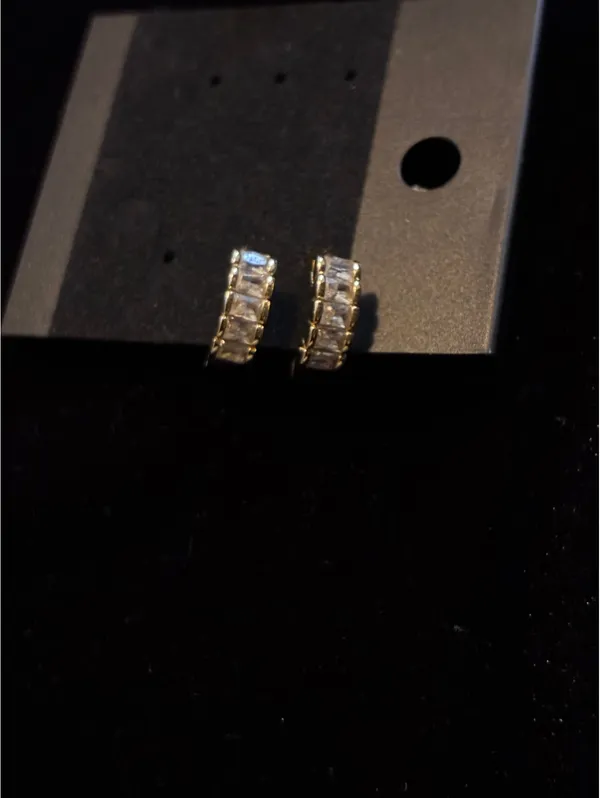 Gold tone CZ Huggie Hoops | Baguette + Round Crystals - Image 6