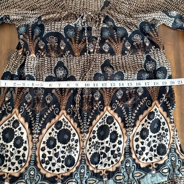 Boho Mixed Paisley Floral Print Ruffle Hem Tunic Top Black Blue Tan Tie Neck‎ - Image 10