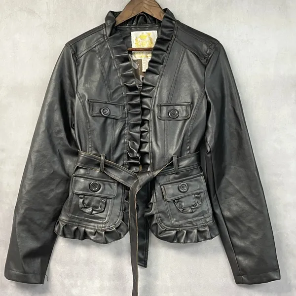 Wet Seal Womens Faux Leather Jacket XL Brown Ruffle Belted Y2K 2000s McBling - Image 14