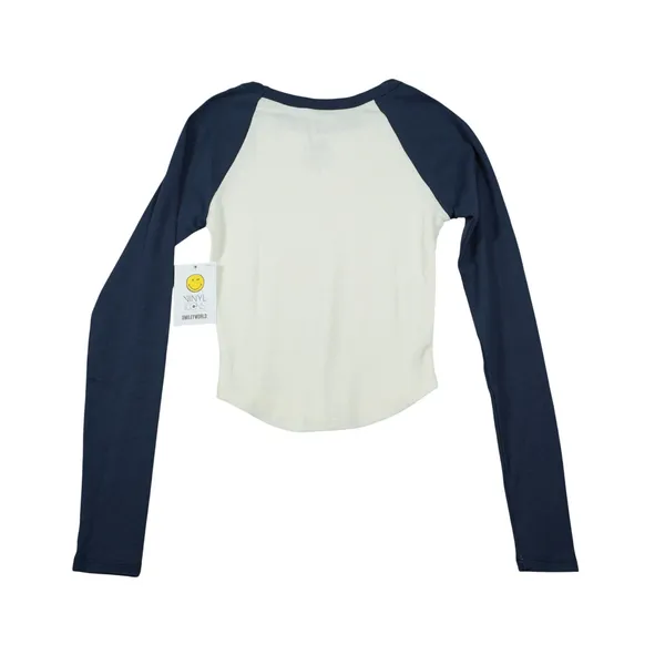 The‎ Vinyl Icons SmileyWorld Raglan Baseball Tee Navy Cream XS NWT Casual Lounge - Image 6