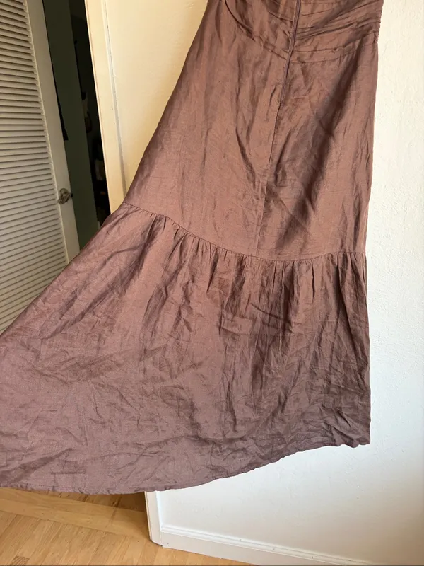 Dishh Harrier Linen Dress Womens 8 Dark Chocolate Brown Halter Midi Tiered - Image 6