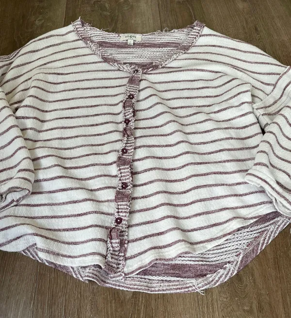 Umgee cardigan sweater maroon striped balloon sleeves short length Women’s sz L - Image 10