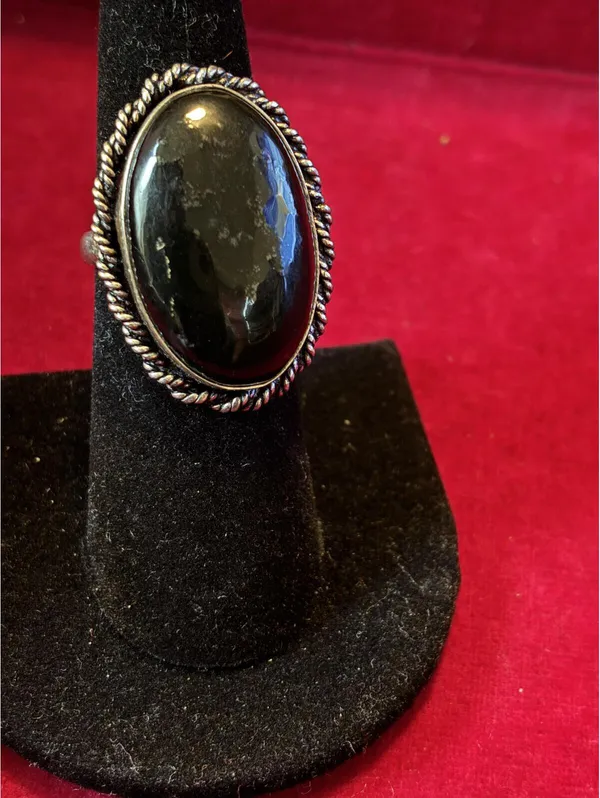 Vintage Southwestern Black Jade Silver Tone Oval Cabochon Twisted Rope Bezel - Image 3
