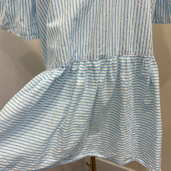 Addison Bay Blue White Striped Tiered Mini Sun Shirt Dress Cotton Poplin Medium - Image 7