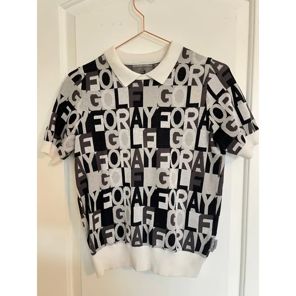 Foray Golf Knit Polo Women XS Black White Logo Print Short Sleeve Cotton Sweater - Image 4
