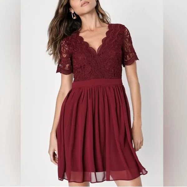 Lulus Angel in Disguise Burgundy Lace Chiffon Flare Skater Dress SMALL‎ - Image 3