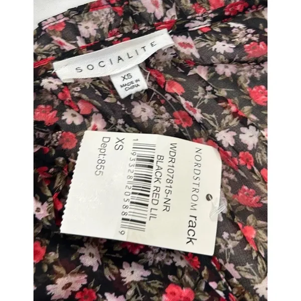Socialite Floral Chiffon Mini Dress XS Red Black Long Sleeve Smocked Waist NWT - Image 11