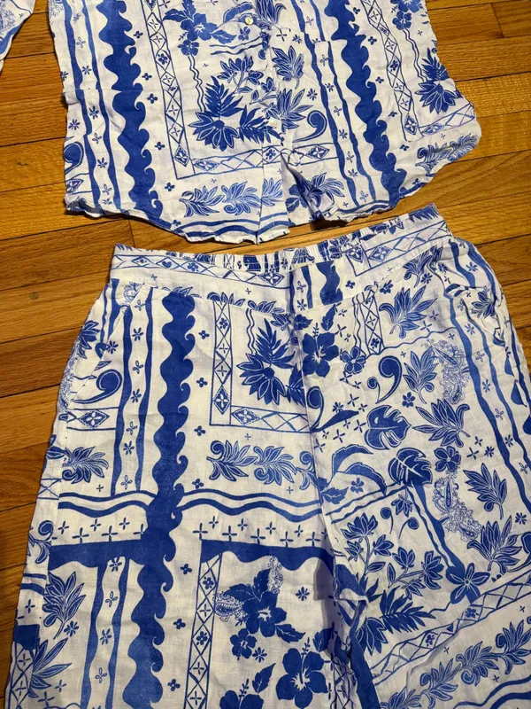 Joie Linen Matching Set Blue/White Floral Two-Piece Pantsuit Coord L/XL coastal - Image 6