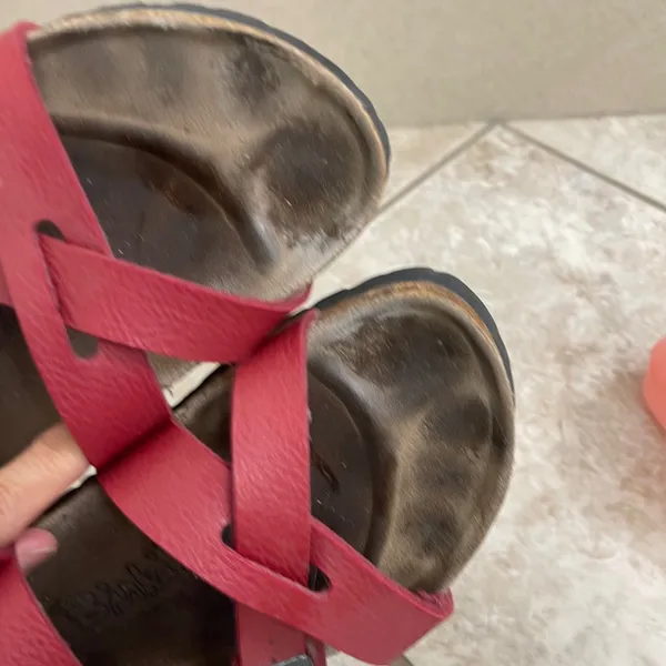 Birkenstock BIRKI comfort Red Strappy Slide Sandals Womens 38 L7 M5 Cork ShoesI - Image 7