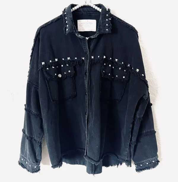 ZARA | Studded Denim Black Fringe Raw Hem Jacket - Image 4