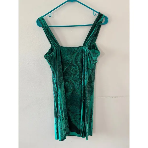 Vanity Womens Y2K Babydoll Dress Size Medium Green Paisley Fairy Mini Sleeveless - Image 2