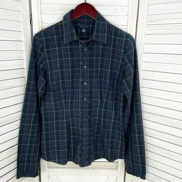 Tommy Hilfiger Plaid Ruffle Cuff Trim Button Front‎ Shirt Green Navy Medium - Image 9