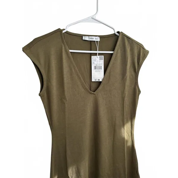 Mango V-Neck Cotton Dress Khaki Green NWT Size 2/XS - Image 5
