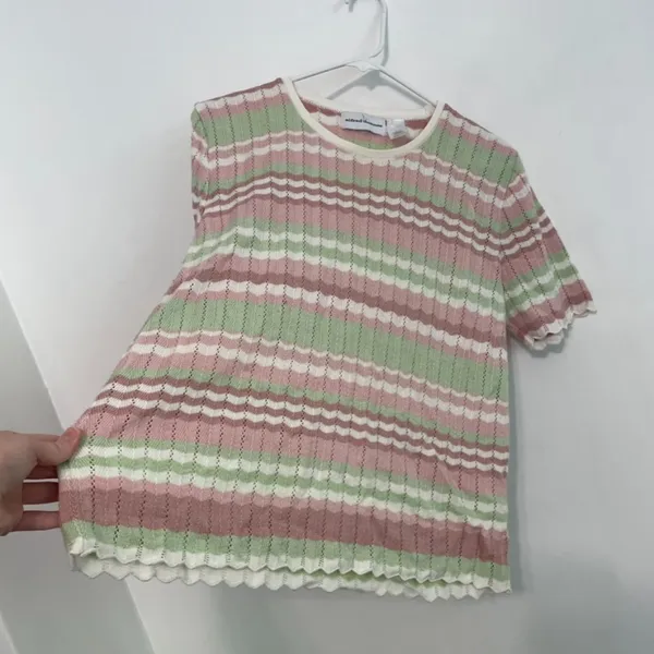 ALFRED DUNNER White Mauve Pink Green Chevron Striped Short Sleeve Sweater Top L - Image 8