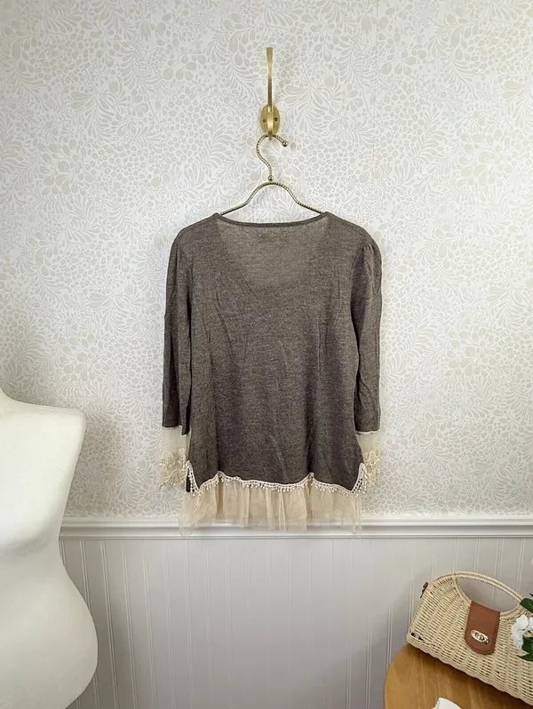 a'reve by Anthropologie Brown Lace Tule Trim Sweater - Size - Large - Image 3