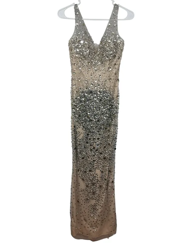 NIGHT STUDIO Couture Nude Illusion Crystal Beaded Gown Formal Evening Dress - Image 4