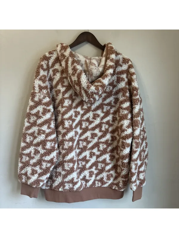 PINK Victoria's Secret Brown White Sherpa Fleece Pullover Hoodie V-Neck Large - Image 4